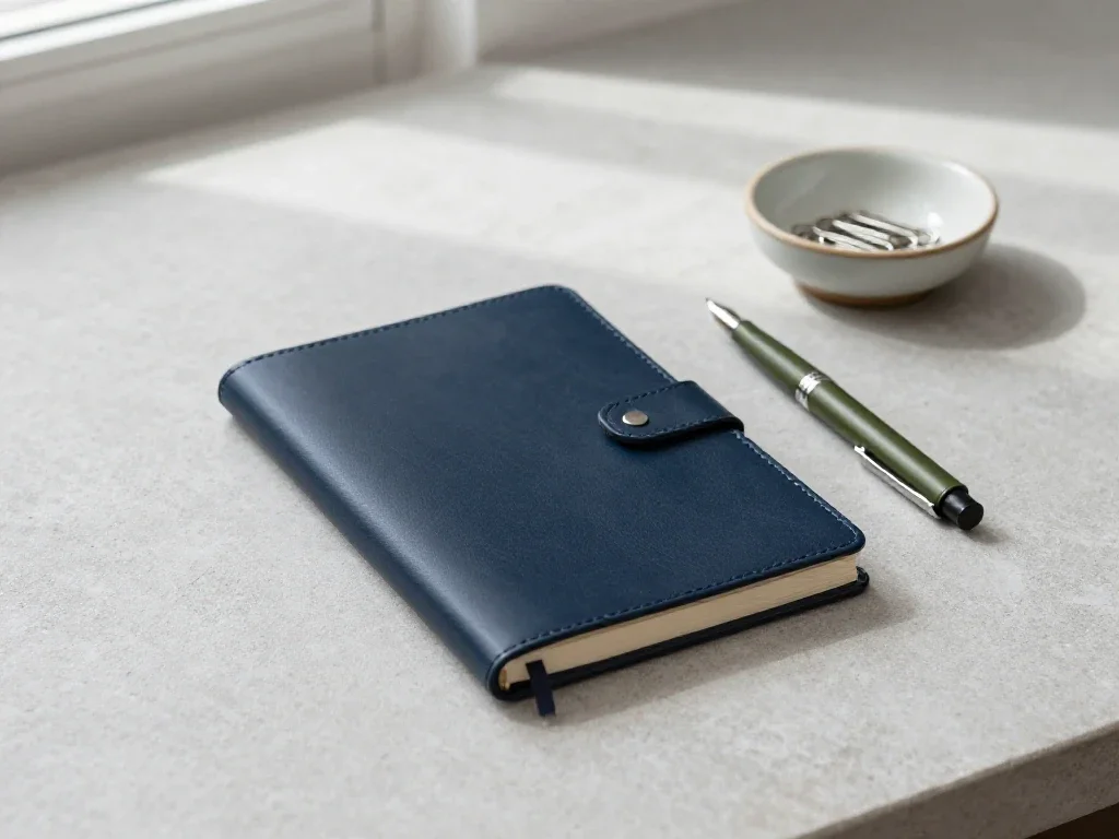 Bureau minimaliste avec carnet bleu et stylo olive, illustrant une organisation professionnelle polyvalente.