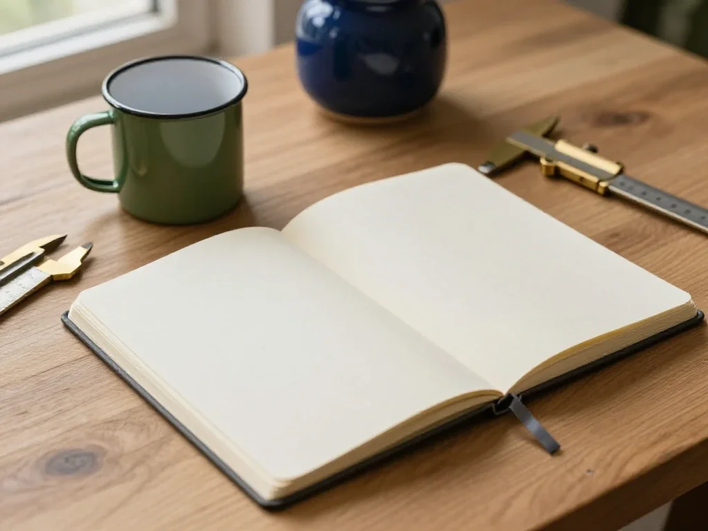 Carnet ouvert et outils de création sur un bureau en bois baigné de lumière naturelle.