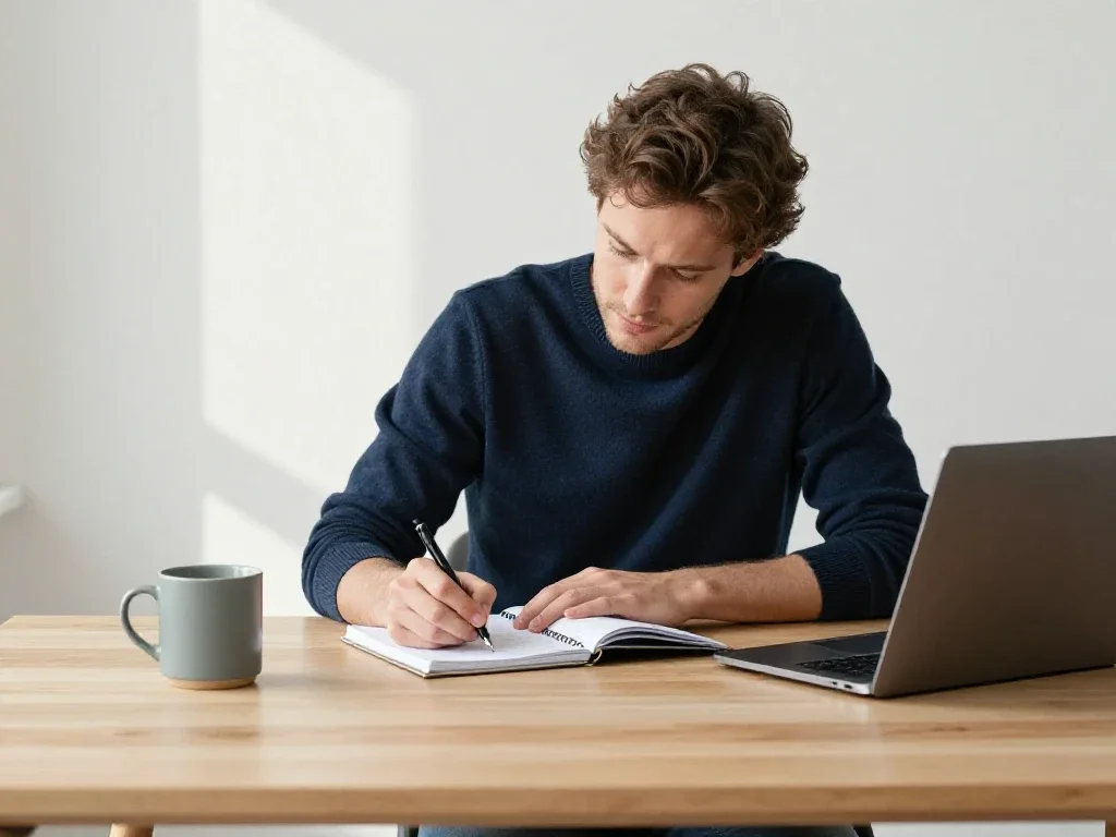 Un jeune entrepreneur français préparant son projet dans un bureau lumineux et épuré.