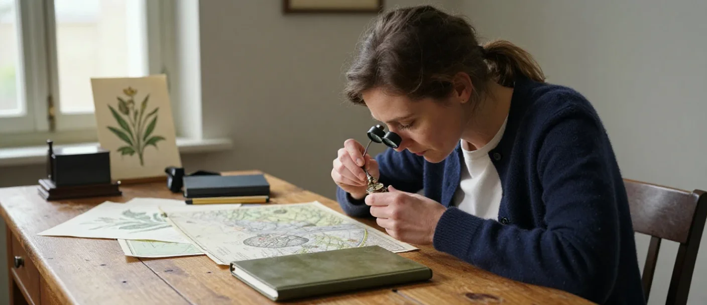 Une femme française explore divers objets avec précision, illustrant la curiosité intellectuelle du blog.
