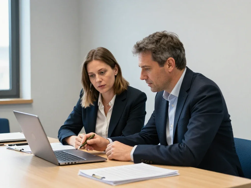 Deux collègues en session de formation collaborant autour d'un ordinateur dans un espace de travail.